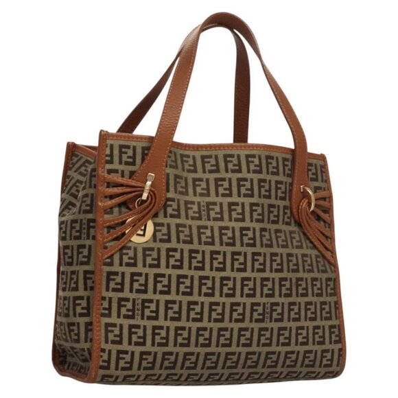 FENDI Zucchino Canvas Hand Bag Brown Gold Auth sw308 - Picture 1 of 16